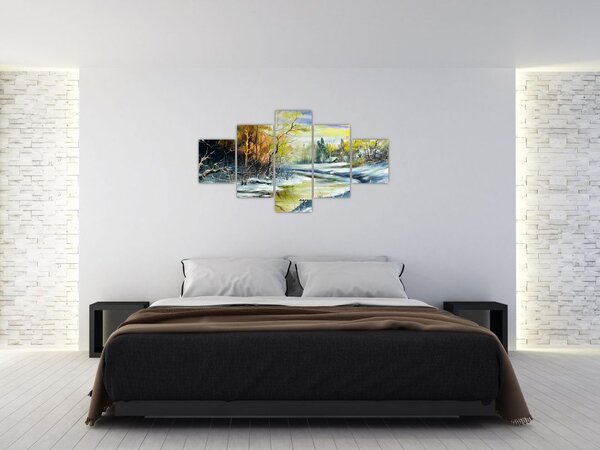 Obraz zimowej rzeki, obraz olejny (125x70 cm)