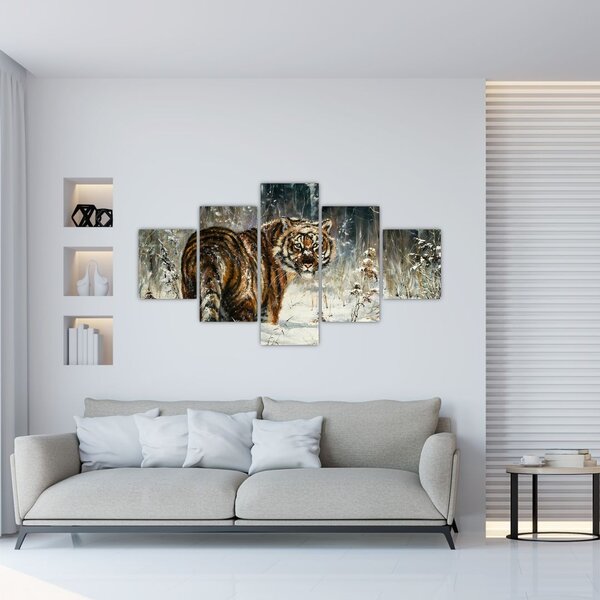 Obraz - Tygrys w zaśnieżonym lesie, obraz olejny (125x70 cm)