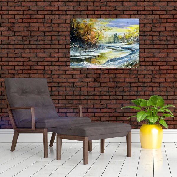 Obraz zimowej rzeki, obraz olejny (70x50 cm)