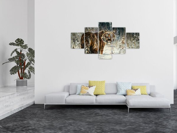 Obraz - Tygrys w zaśnieżonym lesie, obraz olejny (125x70 cm)