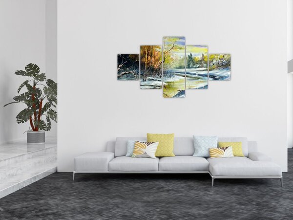 Obraz zimowej rzeki, obraz olejny (125x70 cm)