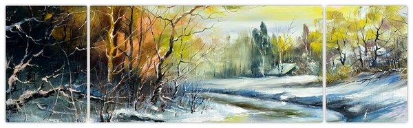 Obraz zimowej rzeki, obraz olejny (170x50 cm)