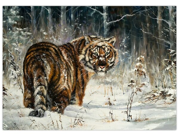 Obraz - Tygrys w zaśnieżonym lesie, obraz olejny (70x50 cm)