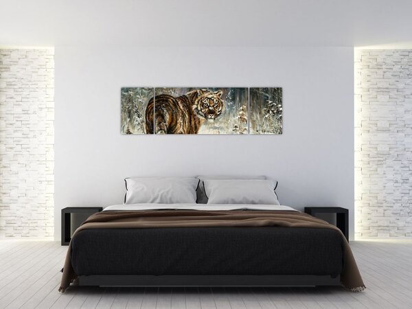 Obraz - Tygrys w zaśnieżonym lesie, obraz olejny (170x50 cm)