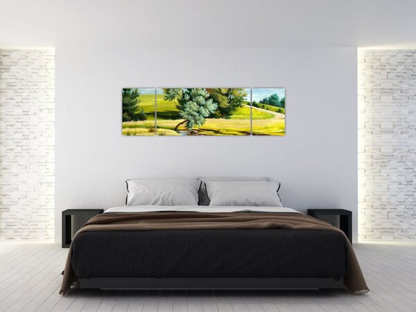 Obraz - rzeka między łąkami, obraz olejny (170x50 cm)