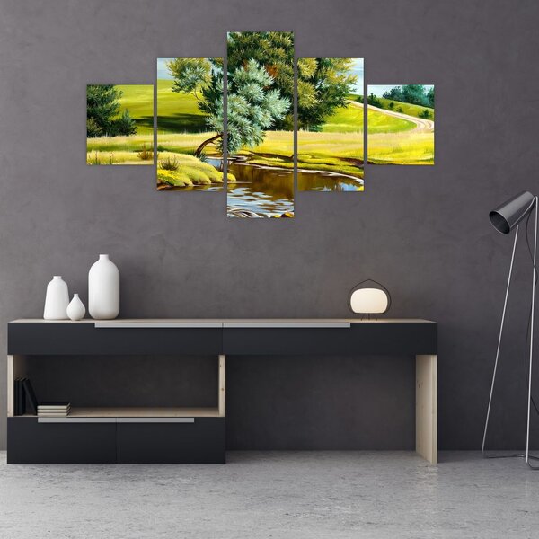 Obraz - rzeka między łąkami, obraz olejny (125x70 cm)