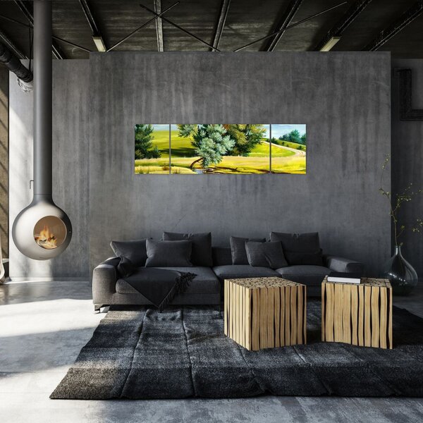 Obraz - rzeka między łąkami, obraz olejny (170x50 cm)