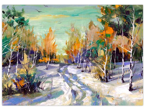 Obraz - Zaśnieżona ścieżka przez las, obraz olejny (70x50 cm)