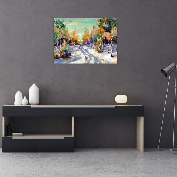 Obraz - Zaśnieżona ścieżka przez las, obraz olejny (70x50 cm)