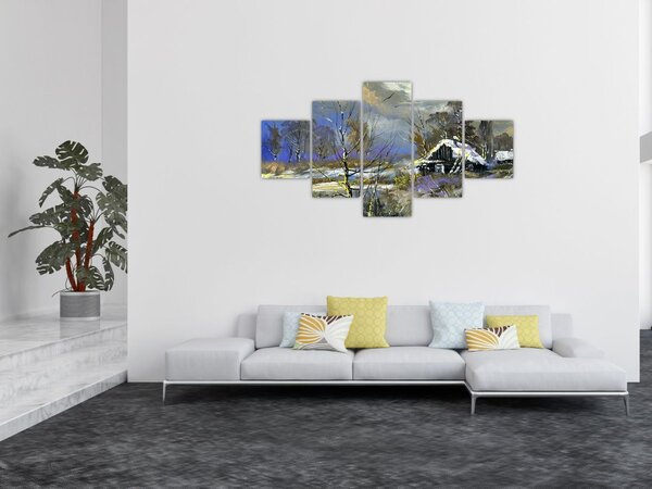 Obraz chaty w zimowym krajobrazie, obraz olejny (125x70 cm)