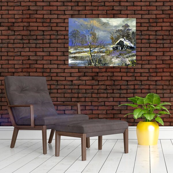 Obraz chaty w zimowym krajobrazie, obraz olejny (70x50 cm)