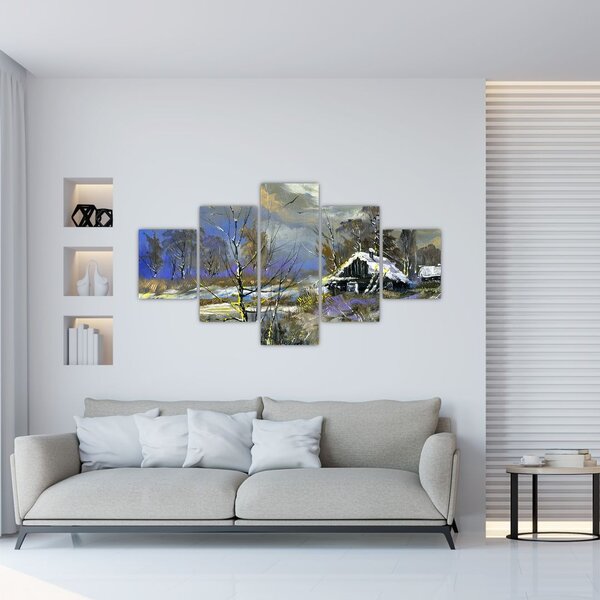 Obraz chaty w zimowym krajobrazie, obraz olejny (125x70 cm)