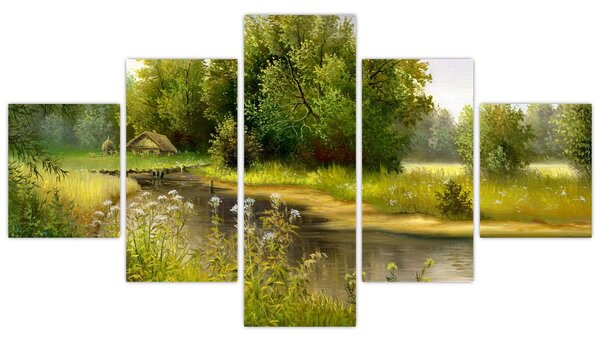 Obraz - Rzeka przy lesie, obraz olejny (125x70 cm)