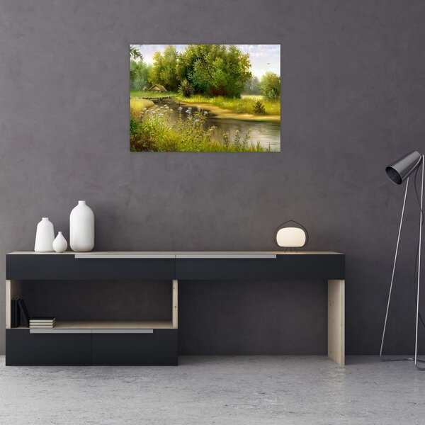 Obraz - Rzeka przy lesie, obraz olejny (70x50 cm)