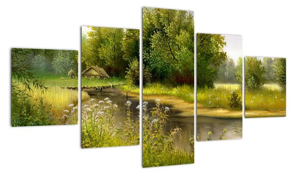 Obraz - Rzeka przy lesie, obraz olejny (125x70 cm)