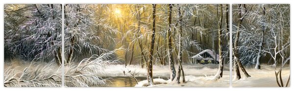 Obraz - Domek w lesie, obraz olejny (170x50 cm)
