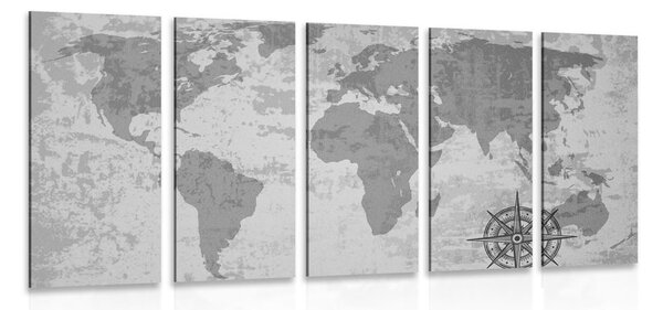 5-częściowy obraz stara mapa świata z kompasem w wersji czarno-białej