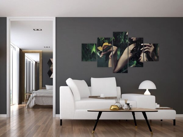 Obraz pełnej wdzięku kobiety z motylem (125x70 cm)