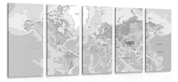 5-częściowy obraz klasyczna mapa świata w wersji czarno-białej