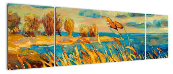 Obraz - Zachód słońca nad jeziorem, obraz akrylowy (170x50 cm)
