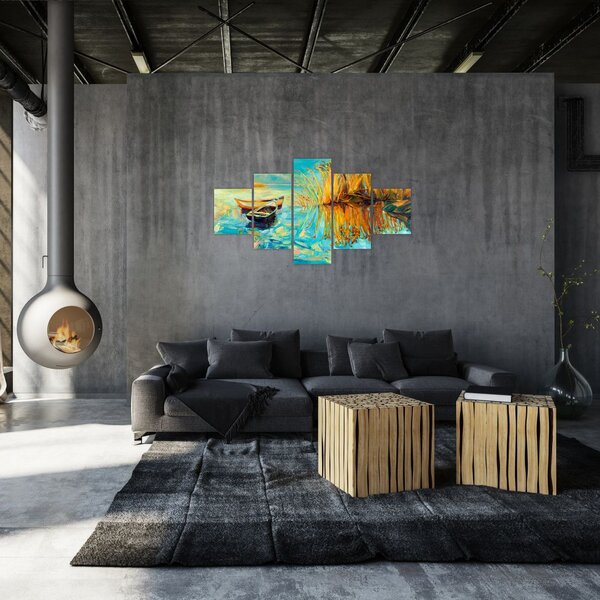Obraz - Jezioro z łodziami (125x70 cm)
