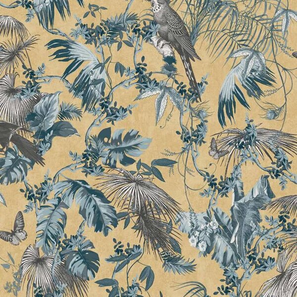 DUTCH WALLCOVERINGS Tapeta z motywem liści i ptaków, niebiesko-złota