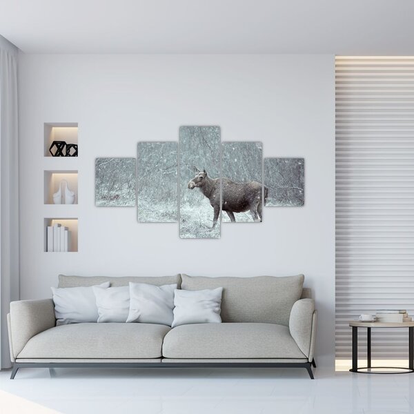 Obraz - Łoś w śnieżnym lesie (125x70 cm)