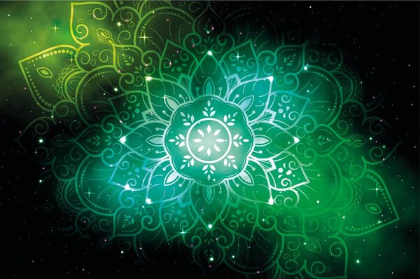 Tapeta zielona mandala z galaktycznym tłem