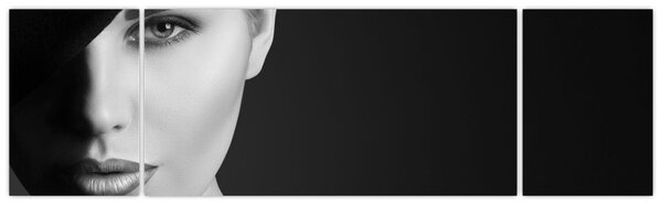 Obraz - Czarno - biały portret kobiety w kapeluszu (170x50 cm)