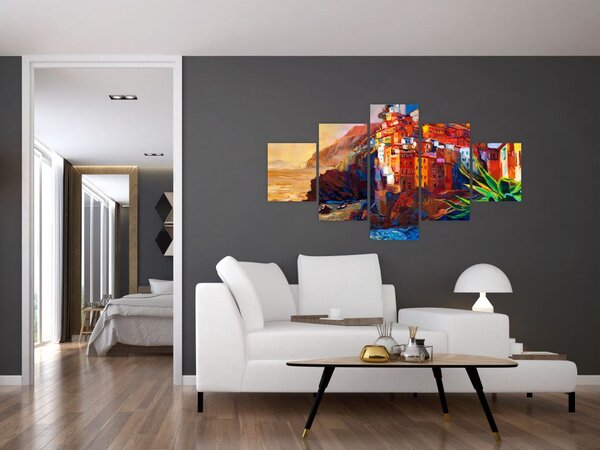 Obraz - Wieś na wybrzeżu Cinque Terre, Włoska Riviera, nowoczesny impresionism (125x70 cm)