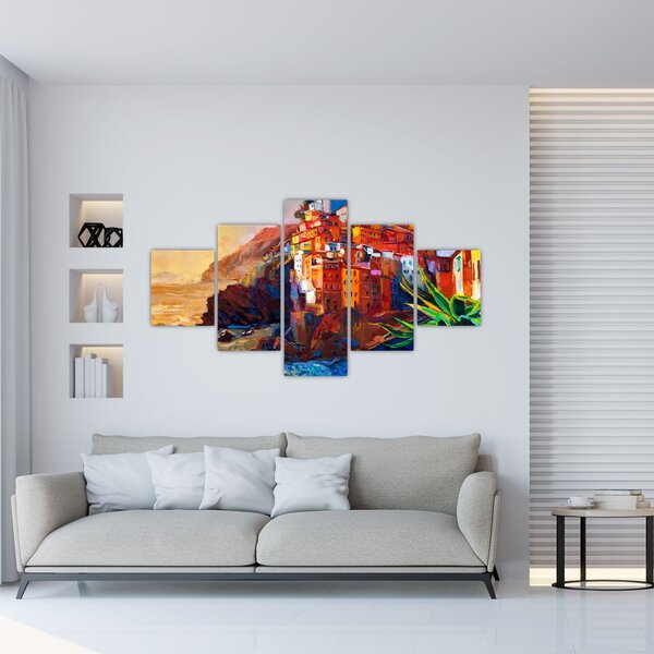 Obraz - Wieś na wybrzeżu Cinque Terre, Włoska Riviera, nowoczesny impresionism (125x70 cm)