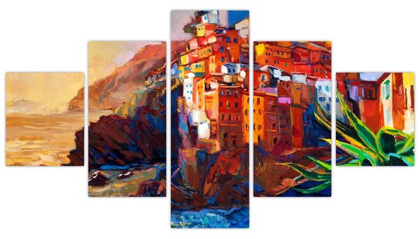 Obraz - Wieś na wybrzeżu Cinque Terre, Włoska Riviera, nowoczesny impresionism (125x70 cm)