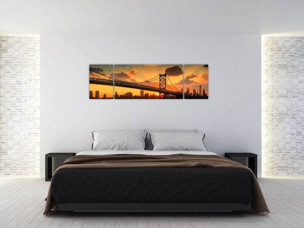 Obraz - Zachód słońca nad mostem Bena Franklina, Filadelfia (170x50 cm)