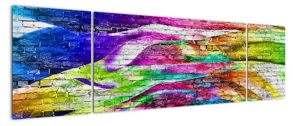 Obraz - Mur z cegły z kolorowymi płomieniami (170x50 cm)