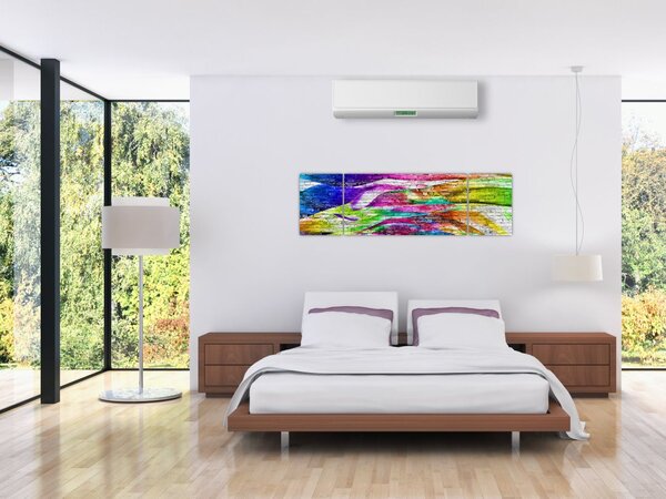 Obraz - Mur z cegły z kolorowymi płomieniami (170x50 cm)