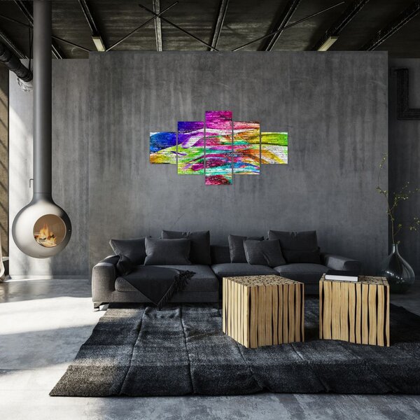 Obraz - Mur z cegły z kolorowymi płomieniami (125x70 cm)