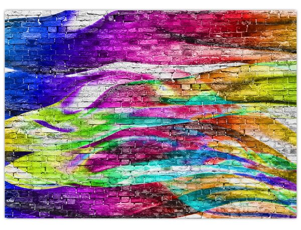 Obraz - Mur z cegły z kolorowymi płomieniami (70x50 cm)