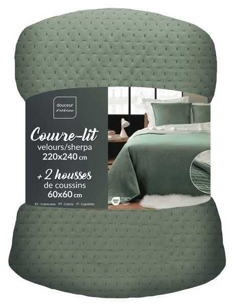 Zielony zestaw narzuty na łóżko i poszewki na poduszkę z materiału sherpa 220x240 cm Mylene – douceur d'intérieur