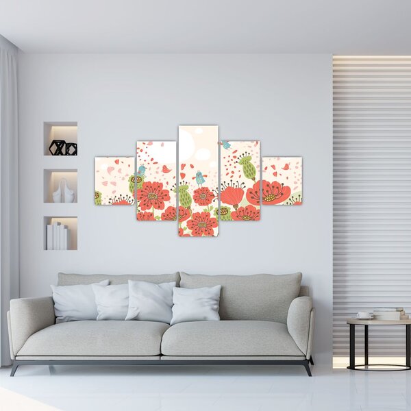 Obraz - Ptaszki na kwitnącej łące (125x70 cm)