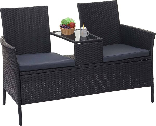 Ławka ogrodowa z polirattanu ze stołem HWC-E24, sofa ogrodowa, 132 cm ~ czarny, ciemnoszare poduszki