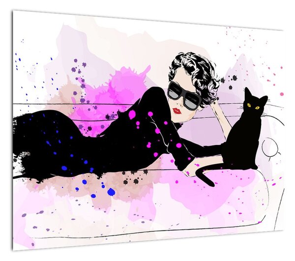 Obraz - Kobieta z czarnym kotem (70x50 cm)