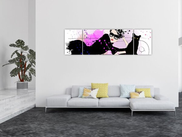 Obraz - Kobieta z czarnym kotem (170x50 cm)