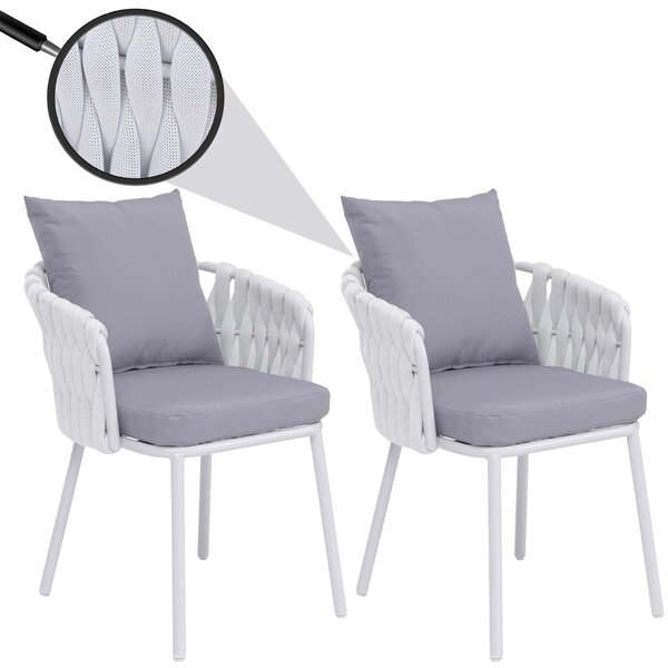 Zestaw 2 aluminiowych krzeseł do jadalni HWC-P89, krzesło do wnętrz z podłokietnikami, tkanina/materiał (180 g/m²) plecionka linowa Rope ~ jasnoszary
