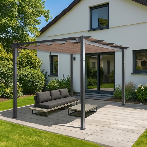 Pergola aluminiowa HWC-N93, pawilon ogrodowy altana ogrodowa, solidna rama 8cm rozsuwany dach UV50+ 3x4m ~ taupe