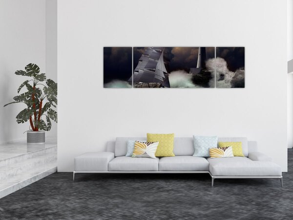 Obraz - Statek płynący przez wzburzone fale (170x50 cm)