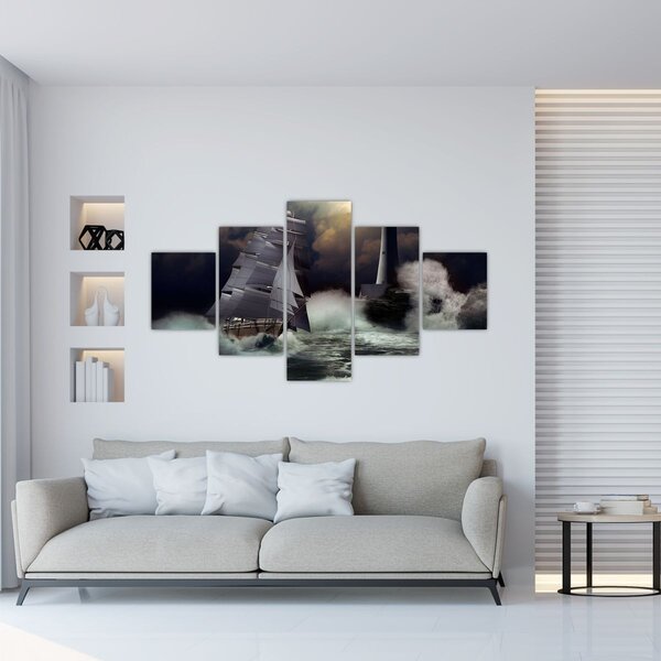 Obraz - Statek płynący przez wzburzone fale (125x70 cm)