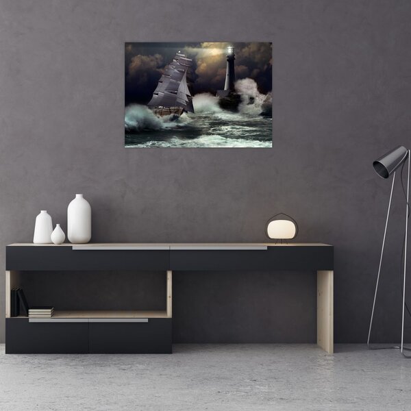 Obraz - Statek płynący przez wzburzone fale (70x50 cm)