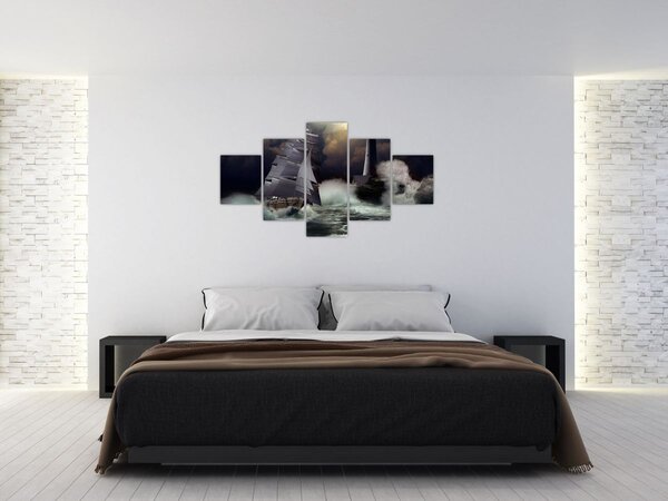 Obraz - Statek płynący przez wzburzone fale (125x70 cm)