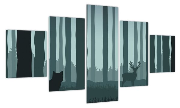 Obraz - Jeleń z wilkiem w skałach (125x70 cm)