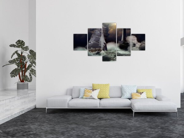 Obraz - Statek płynący przez wzburzone fale (125x70 cm)